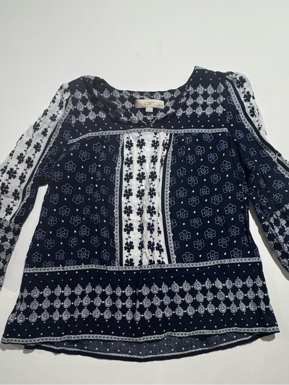 LOFT Petites MP Navy White Floral Bell Sleeve Boho Blouse